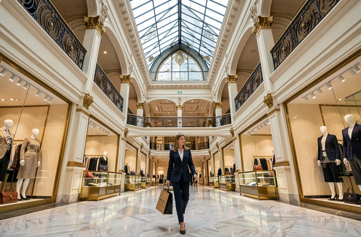 Grand intérieur du Printemps de Rouen avec son atrium élégant, ses balustrades en verre et une cliente portant un sac de shopping dans un décor de grand magasin classique