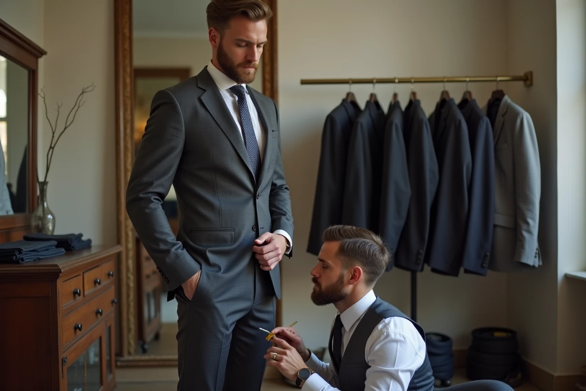 Tailleur mesurant un pantalon sur mesure pour un client dans un atelier de retouche à Nice