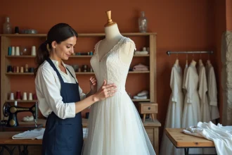 Retoucheuse professionnelle épinglant l'ourlet d'une robe de mariée dans un atelier de couture à Nice