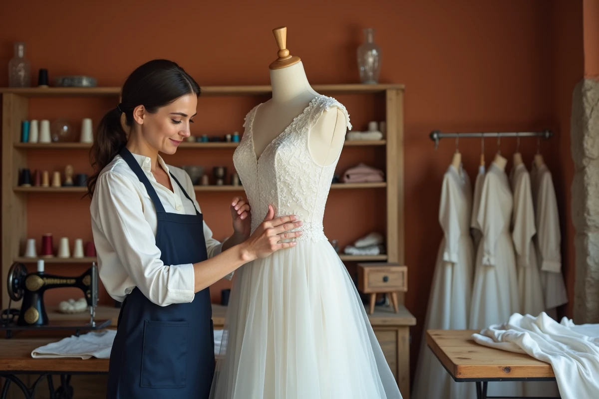 Retoucheuse professionnelle épinglant l'ourlet d'une robe de mariée dans un atelier de couture à Nice