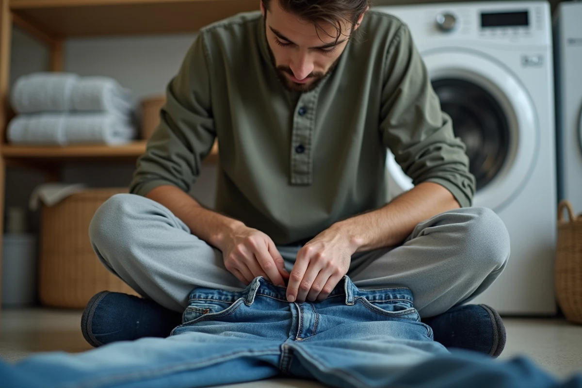 Homme cousant la ceinture d'un jean pour le faire rétrécir à la taille avec aiguille et fil