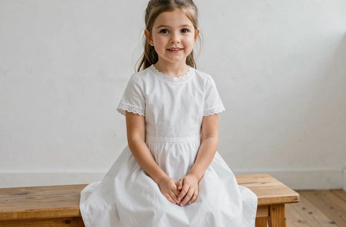 Petite fille assise en robe blanche de cérémonie en coton, coupe sobre et élégante pour communion ou cortège de mariage