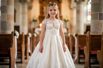 Petite fille en robe blanche de cérémonie en dentelle dans une église, tenue élégante pour mariage ou communion