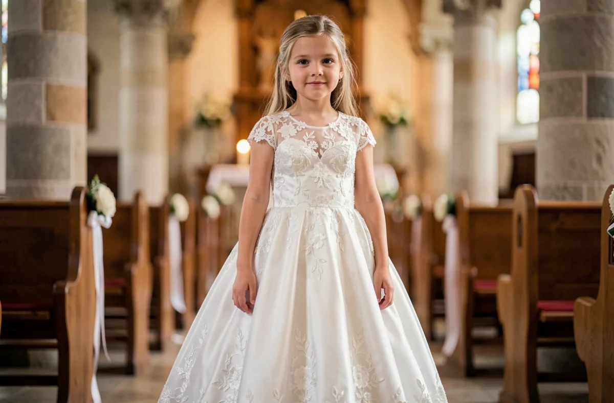 Petite fille en robe blanche de cérémonie en dentelle dans une église, tenue élégante pour mariage ou communion