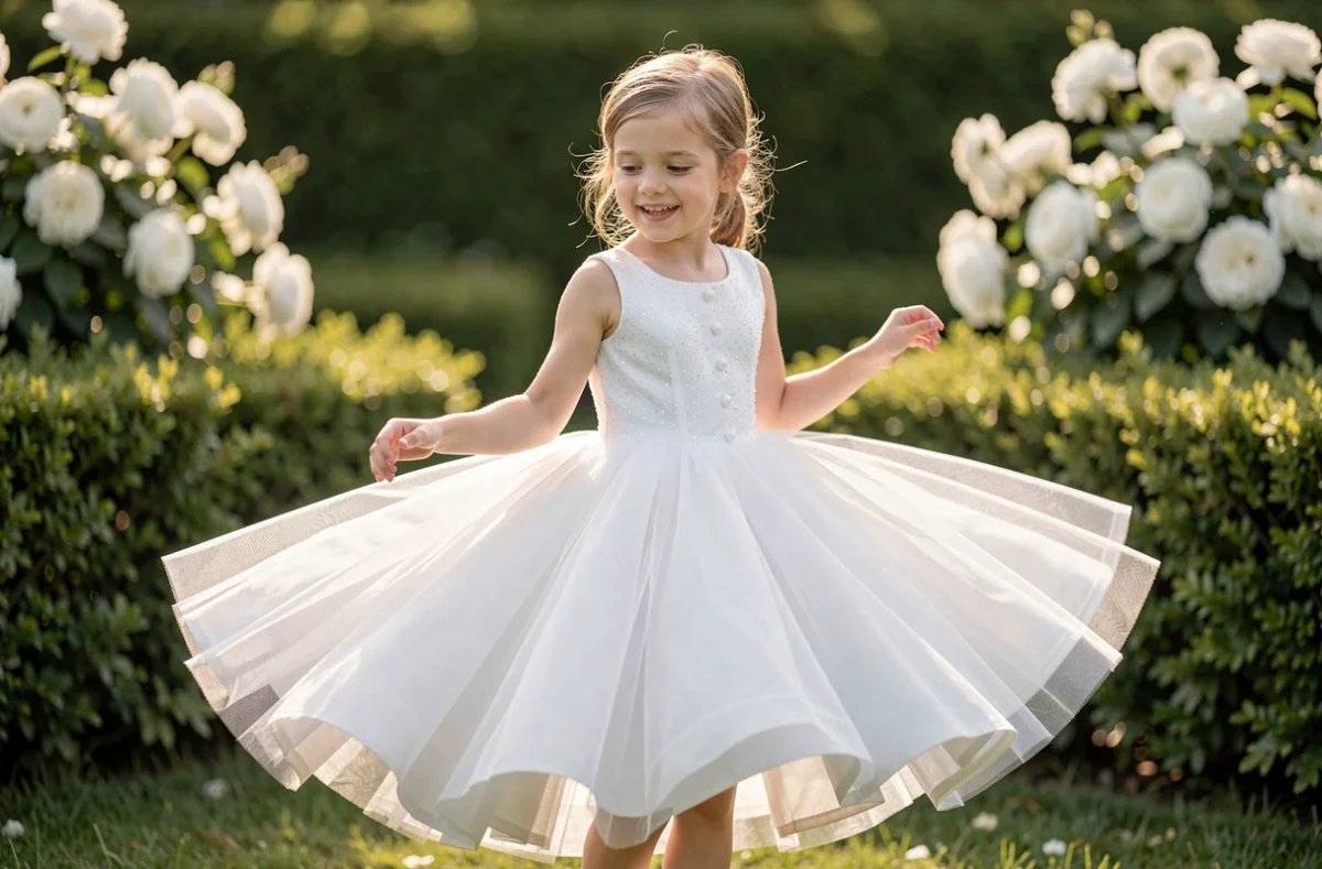 Fillette qui tourbillonne dans une robe blanche en tulle pour cérémonie dans un jardin fleuri, robe de cortège volumineuse