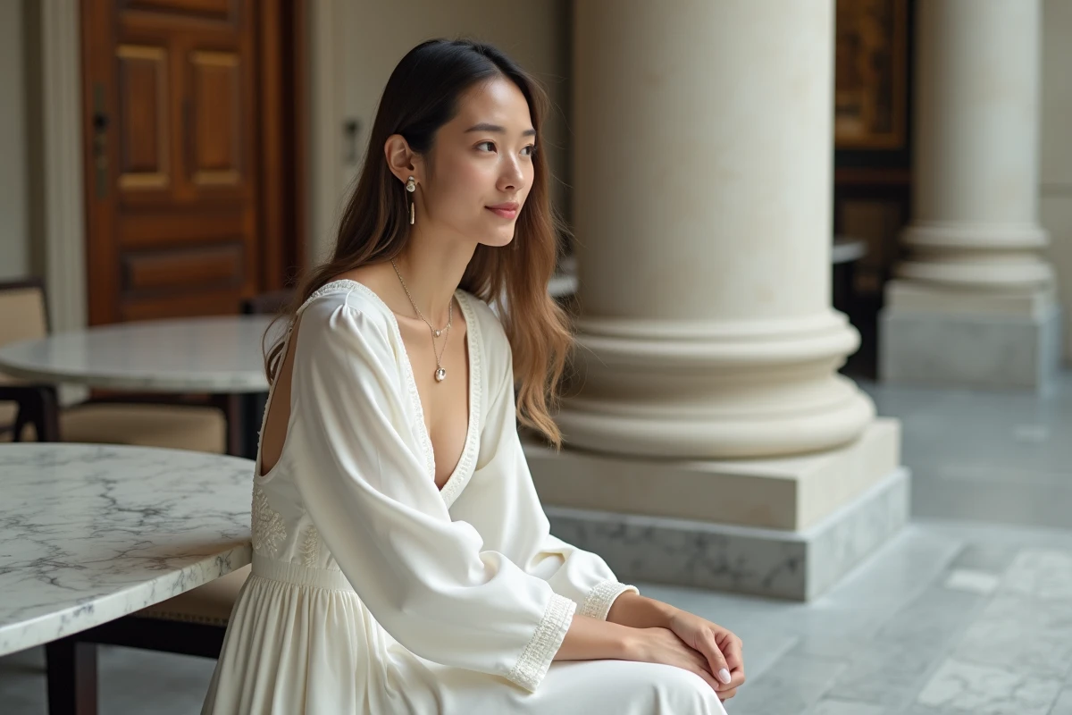 Femme assise en robe blanche mi-longue structurée avec broderies dans un lobby d'hôtel raffiné