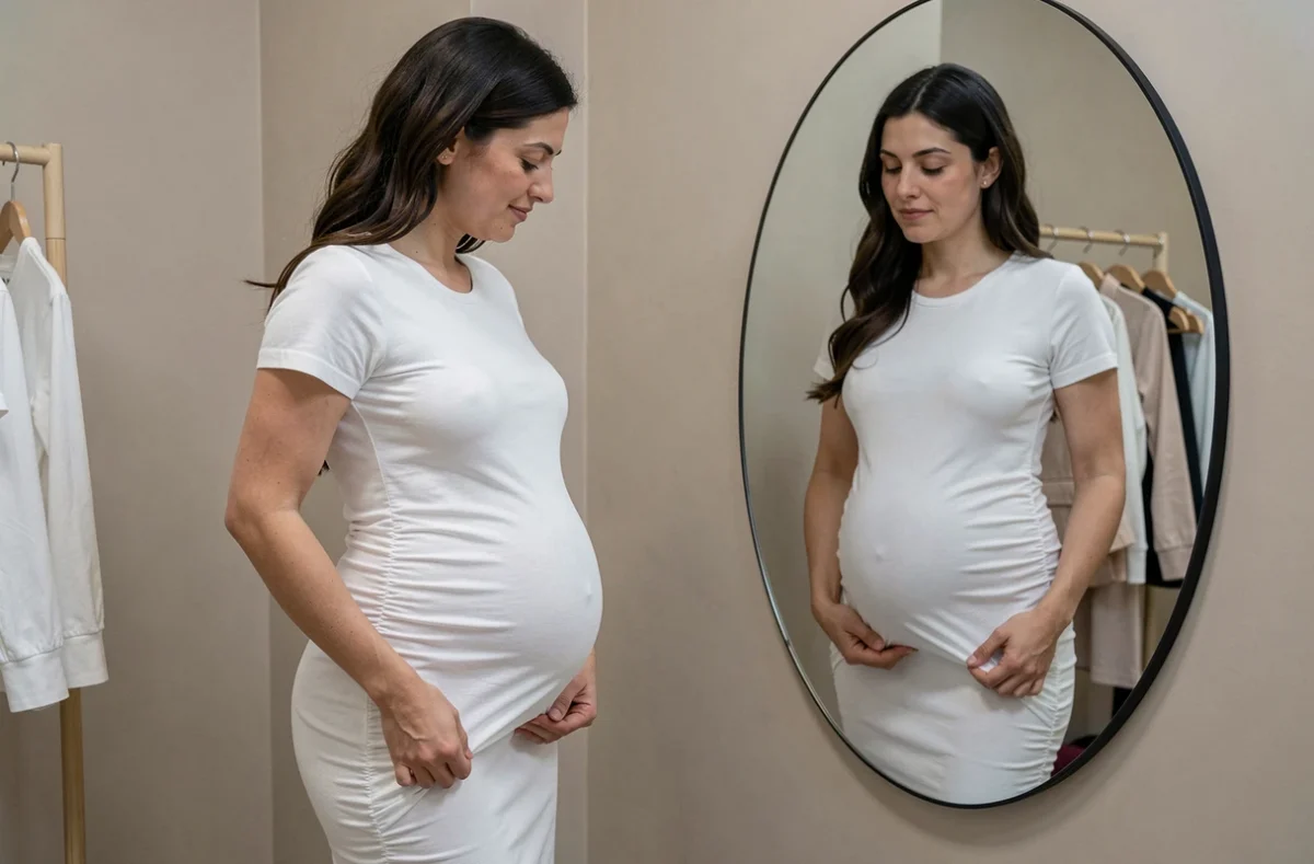 Femme enceinte en robe blanche jersey midi à fronces essayant sa tenue devant un miroir dans une cabine d'essayage moderne