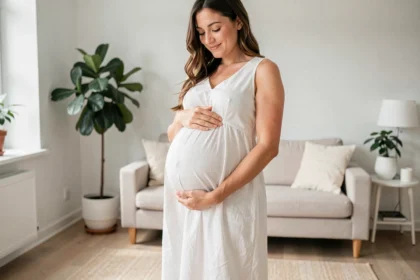 Femme enceinte souriante portant une robe blanche fluide en lin à coupe évasée dans un intérieur scandinave lumineux