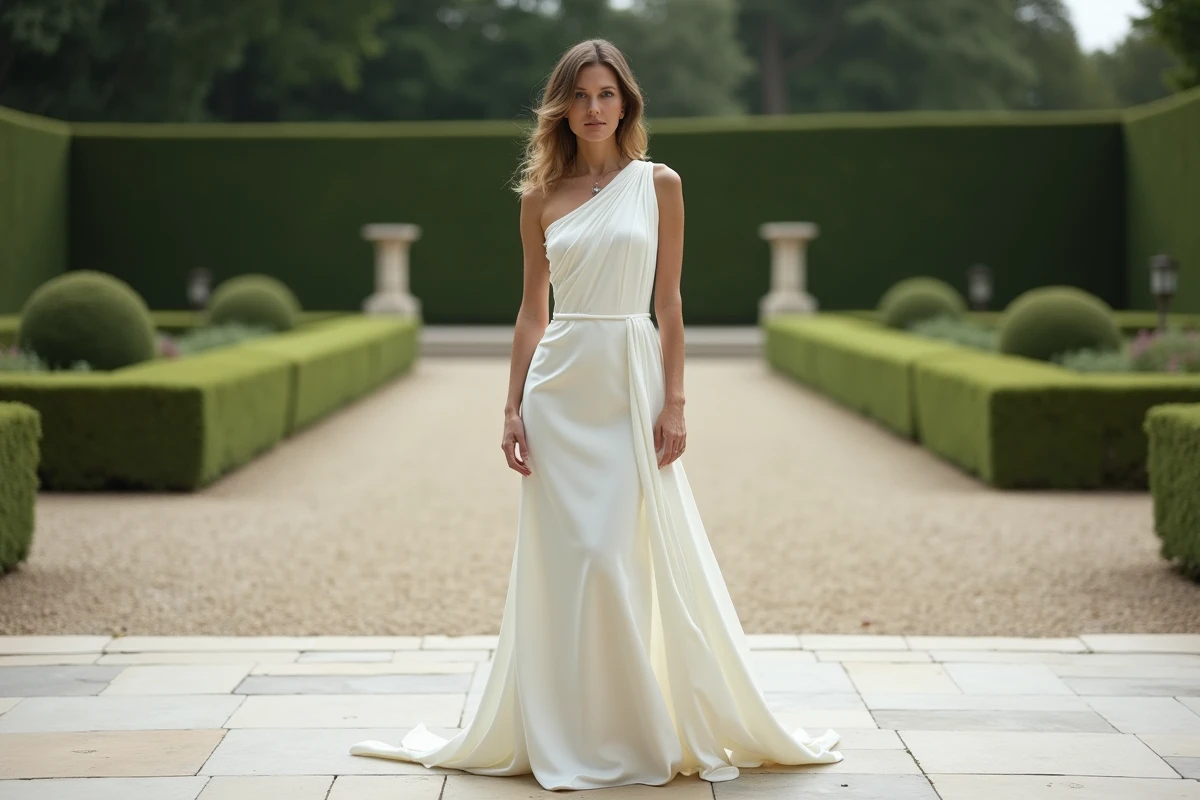 Femme en robe blanche longue en satin drapée sur une terrasse en pierre avec vue sur jardin à la française