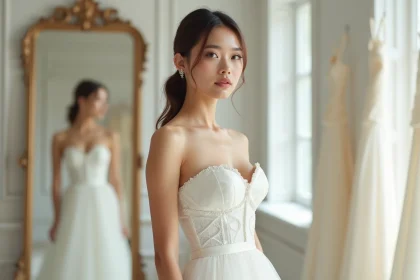 Femme en robe bustier longue blanche dans une boutique de mariage devant un miroir ancien