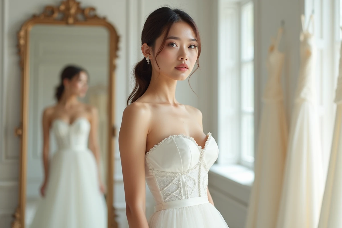 Femme en robe bustier longue blanche dans une boutique de mariage devant un miroir ancien