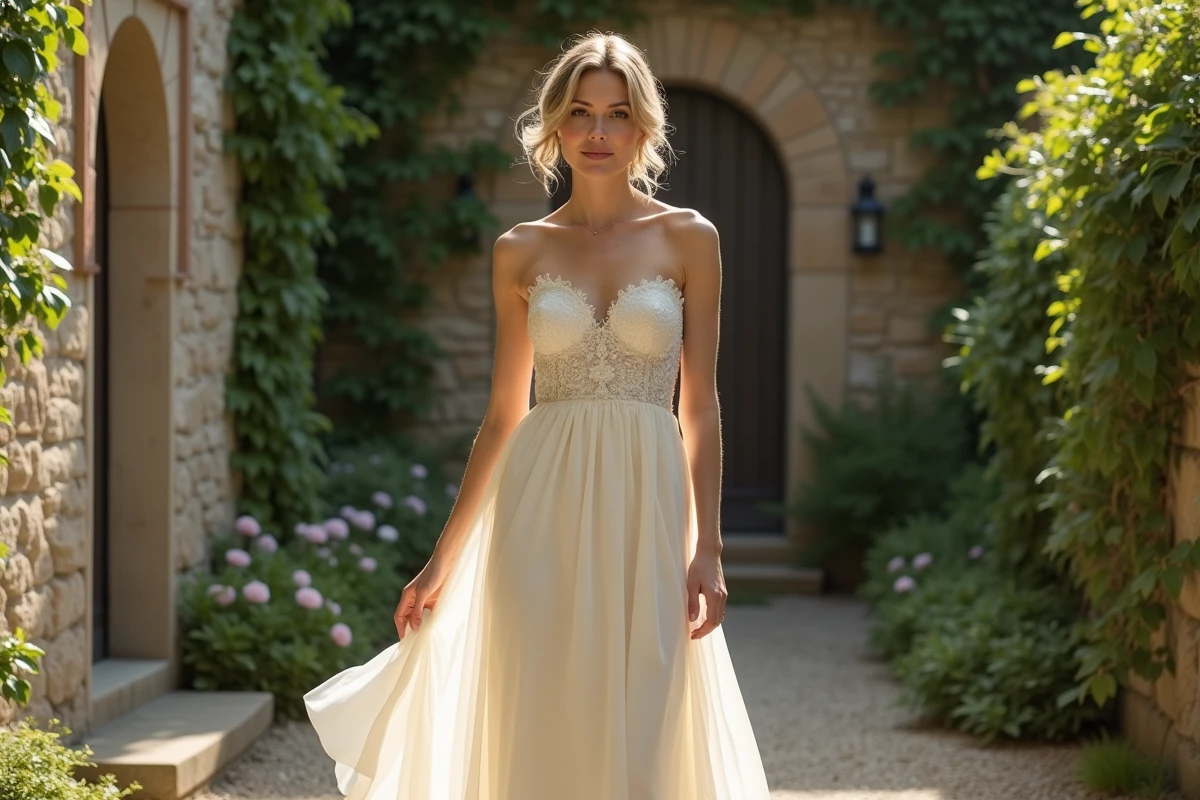 Femme en robe bustier longue ivoire dans un jardin avec mur en pierre et végétation