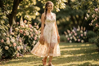 Femme portant une robe courte bohème brodée ivoire dans un jardin de mariage verdoyant