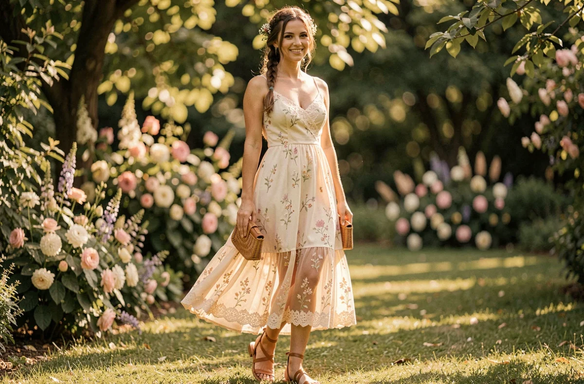 Femme portant une robe courte bohème brodée ivoire dans un jardin de mariage verdoyant