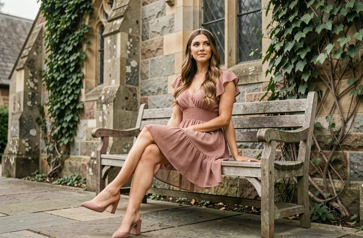 Invitée de mariage en robe courte bohème rose poudré assise devant une chapelle en pierre