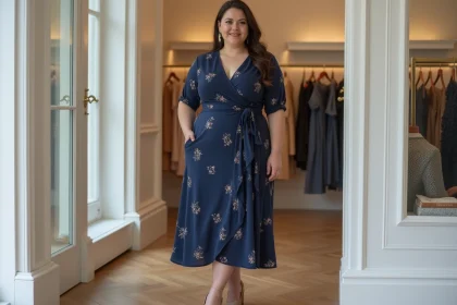Femme ronde et petite portant une robe portefeuille mi-longue bleu marine dans une boutique parisienne