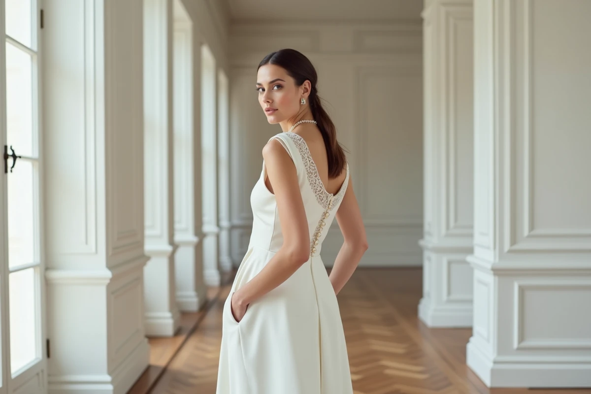 Femme élégante en robe blanche habillée avec détails en dentelle et boutons nacre dans un appartement parisien