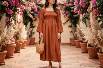 Femme en robe longue terracotta bohème chic dans une cour méditerranéenne entourée de bougainvilliers et de pots en terre cuite
