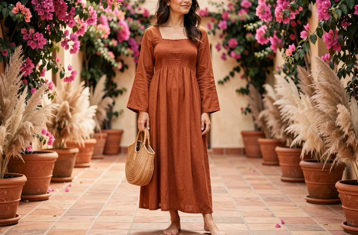 Femme en robe longue terracotta bohème chic dans une cour méditerranéenne entourée de bougainvilliers et de pots en terre cuite
