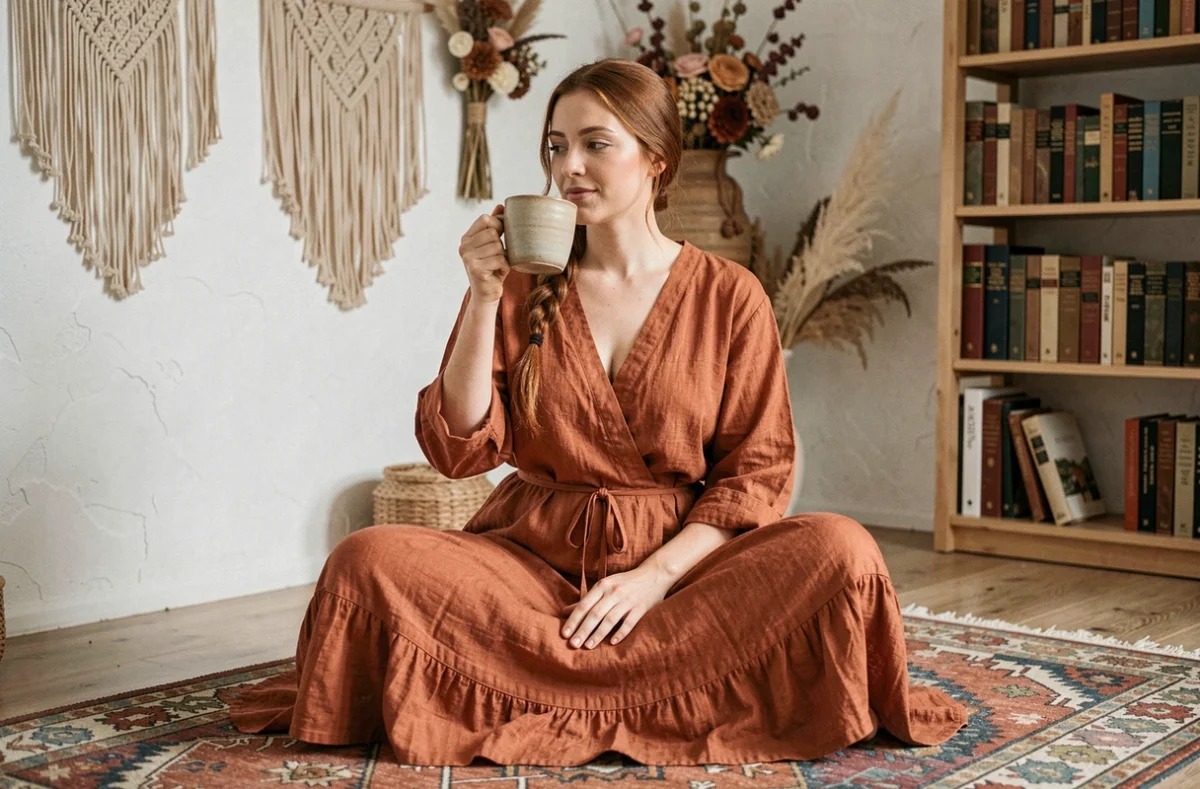 Femme portant une robe longue terracotta en lin assise sur un tapis kilim dans un appartement bohème aux murs blancs et décorations naturelles