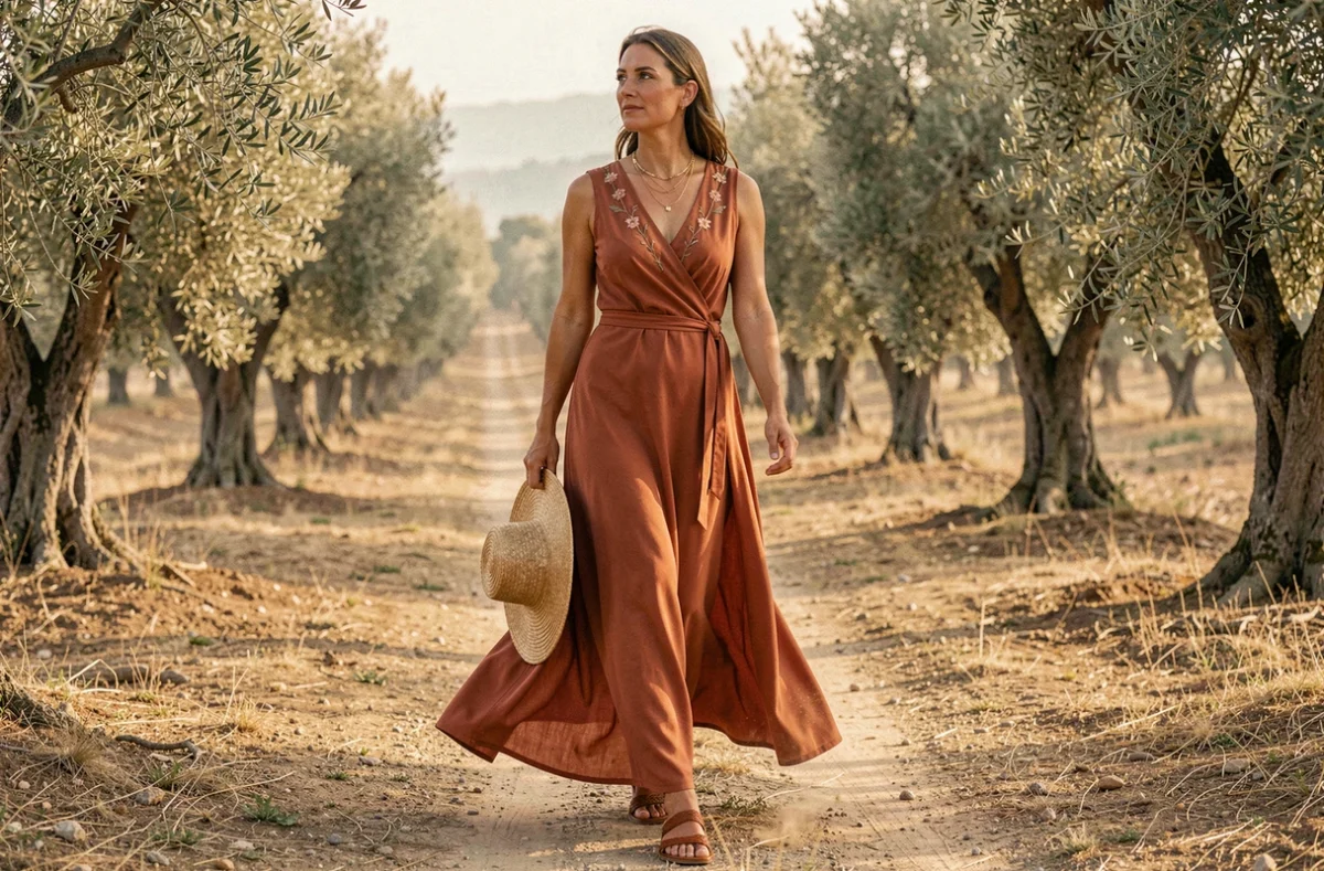 Femme en robe longue terracotta style bohème chic marchant dans un oliveraie provençale avec un chapeau de paille et des sandales en cuir
