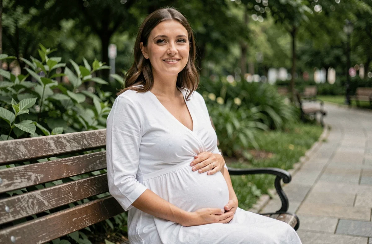 Future maman assise sur un banc en bois dans un parc verdoyant, portant une robe blanche en coton à col en V adaptée à la grossesse