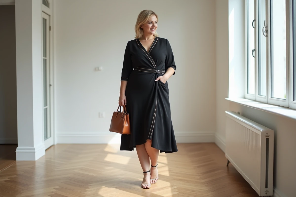 Femme ronde de petite taille en robe noire élégante avec ceinture dans un appartement moderne