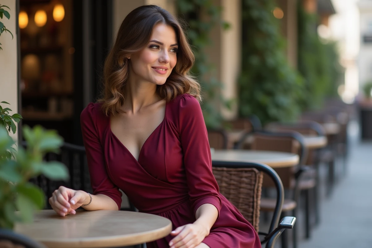 Petite femme ronde en robe trapèze bordeaux à une terrasse de café parisienne