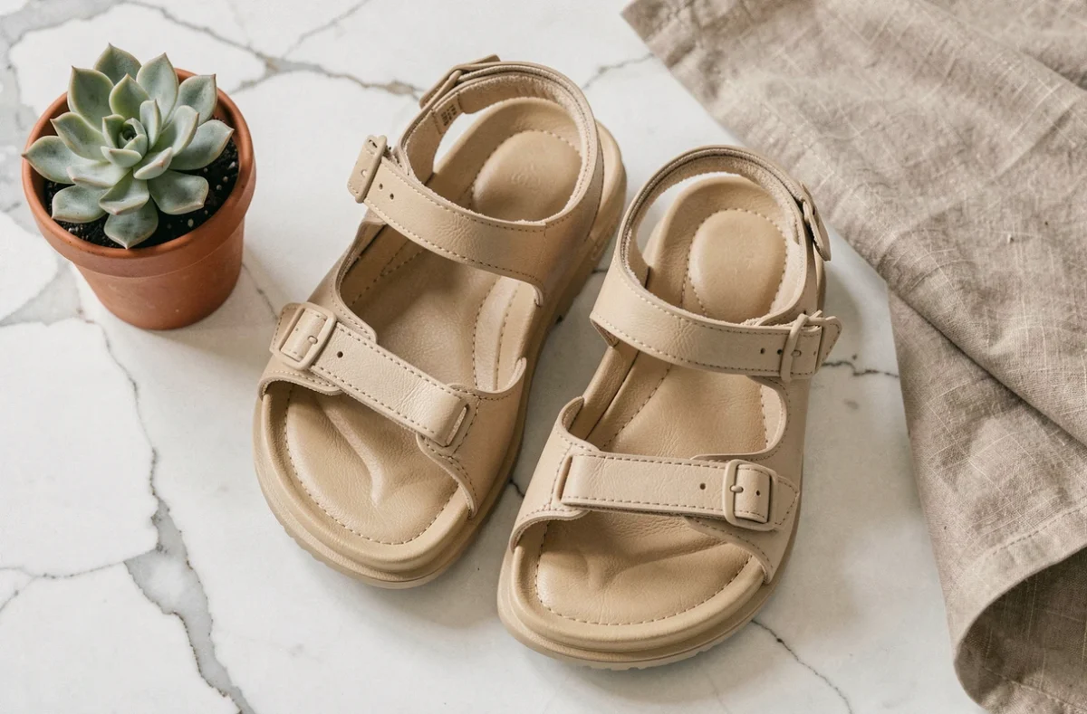 Sandales confortables en cuir beige avec semelles anatomiques posées sur marbre blanc, idéales pour l'été