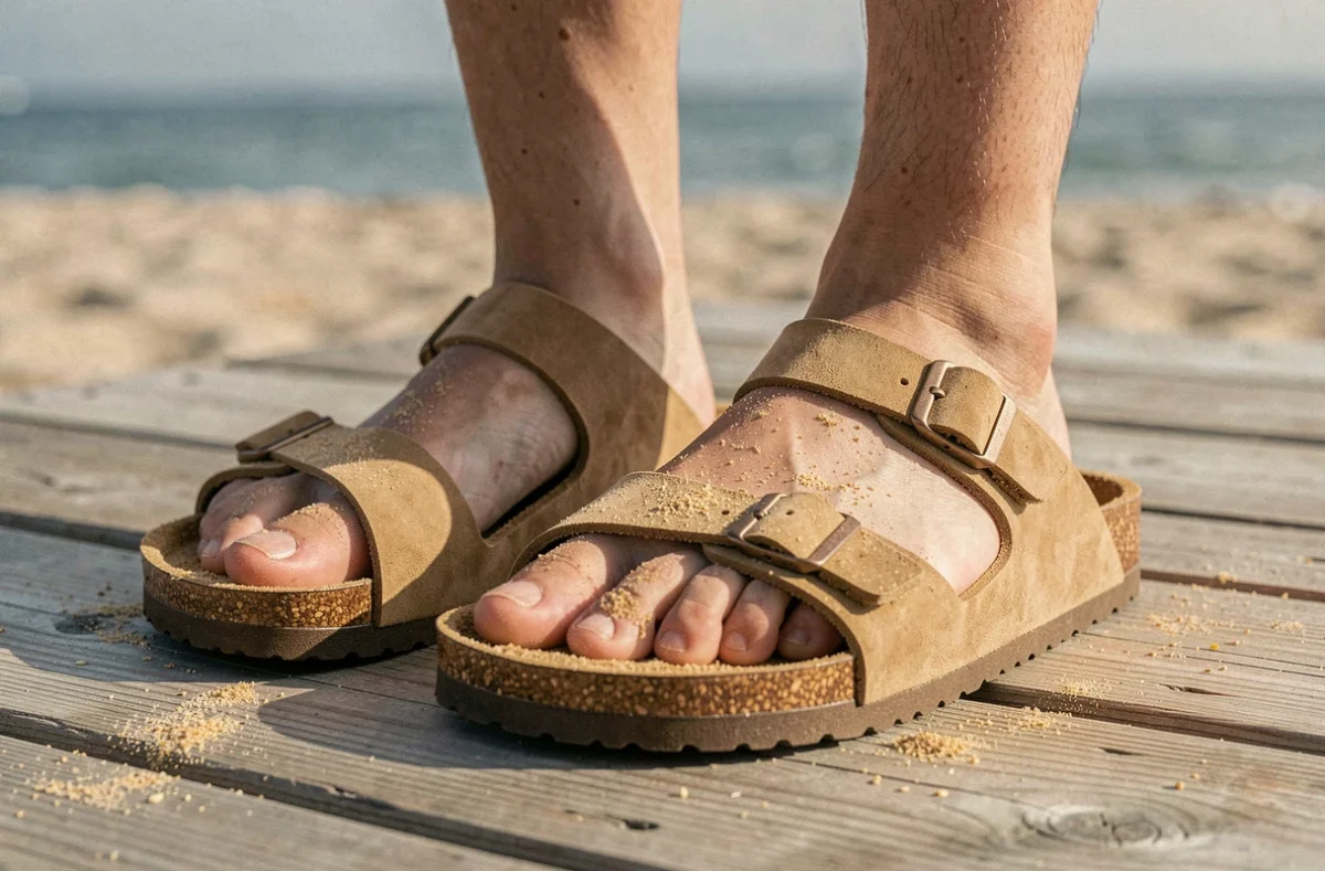 Gros plan de sandales à semelle liège et brides en cuir tan portées sur une promenade en bois face à la plage