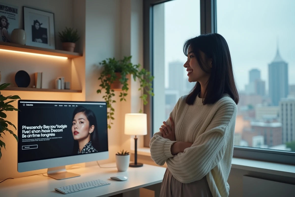 Femme admirant le site fan de Suki Waterhouse sur un écran d'ordinateur dans un bureau moderne à domicile