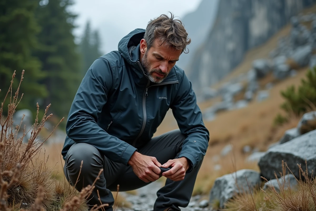 Homme inspectant les détails techniques d'un softshell de randonnée montagne, mettant en avant les coutures étanches et les zones de ventilation des nouvelles technologies textiles outdoor.