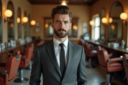 Homme avec barbe soignée et coiffure pompadour en costume années 60 dans un salon de coiffure vintage