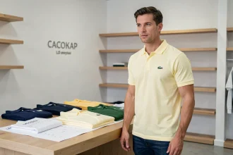 Homme portant un polo Lacoste jaune pâle à côté d'un tableau de tailles détaillé dans une boutique minimaliste