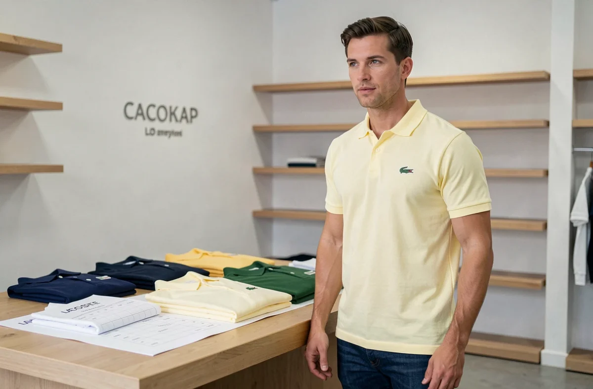 Homme portant un polo Lacoste jaune pâle à côté d'un tableau de tailles détaillé dans une boutique minimaliste