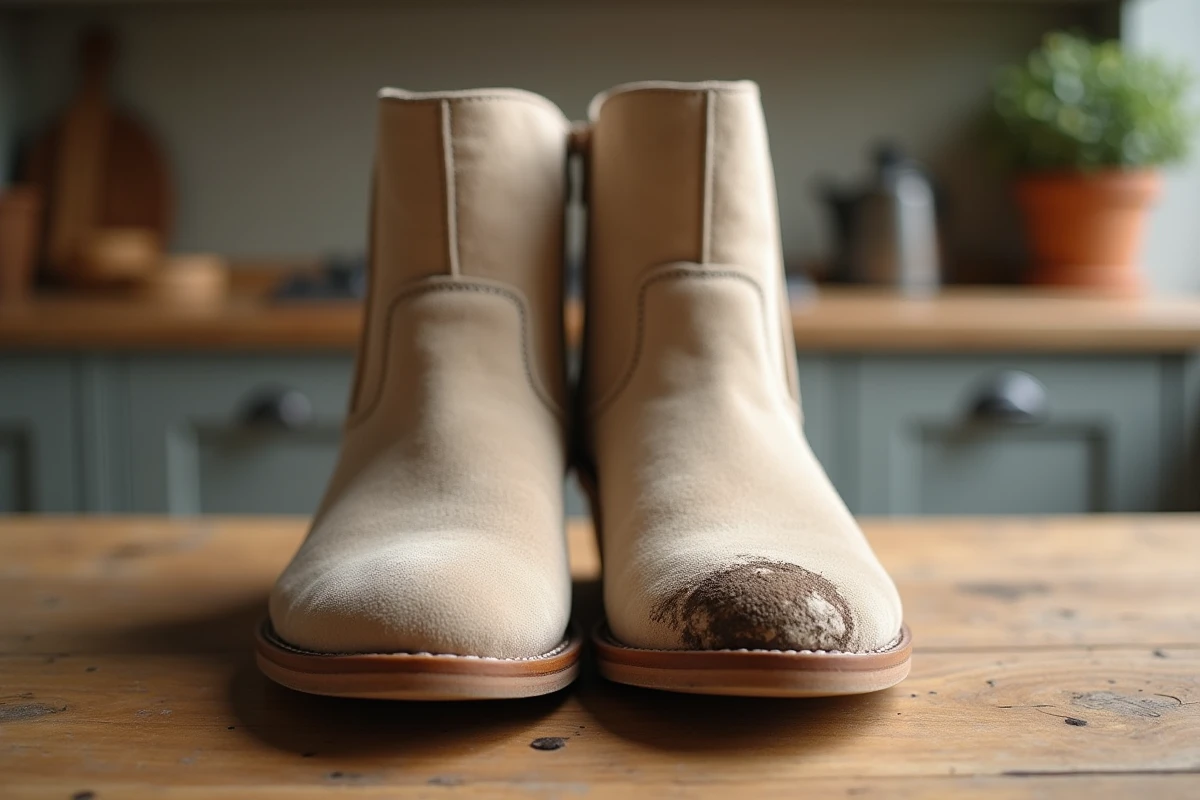 Bottines en daim beige avec tache de pluie et boue séchée sur table en bois rustique