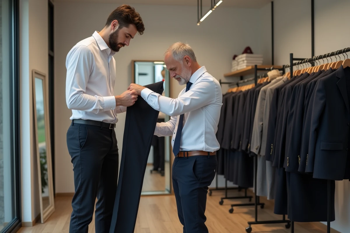 Tailleur marquant l'ourlet d'un pantalon sur un client dans une boutique de retouche moderne