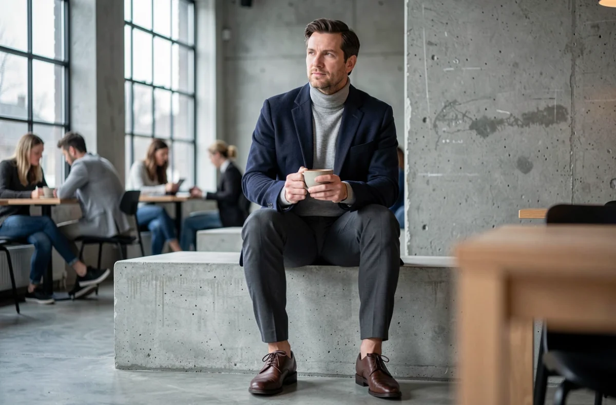 Tenue homme 2026 habillée avec blazer marine, col roulé gris et derby marron dans un espace de travail moderne