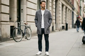 Tenue homme tendance 2026 avec chore coat gris, t-shirt blanc et sneakers en cuir dans une rue urbaine