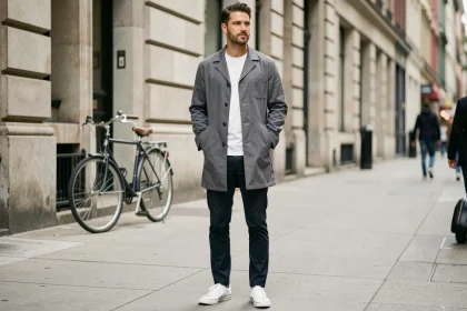 Tenue homme tendance 2026 avec chore coat gris, t-shirt blanc et sneakers en cuir dans une rue urbaine