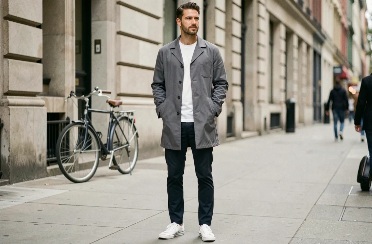 Tenue homme tendance 2026 avec chore coat gris, t-shirt blanc et sneakers en cuir dans une rue urbaine