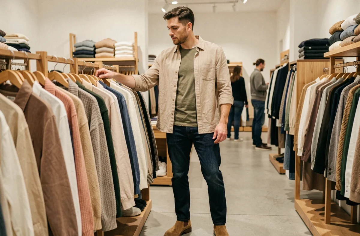 Homme en tenue casual 2026 avec chemise en lin beige et jean droit faisant du shopping en magasin