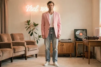 Homme en tenue années 80 avec blazer pastel et jean stone-washed dans un appartement rétro