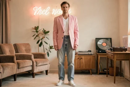 Homme en tenue années 80 avec blazer pastel et jean stone-washed dans un appartement rétro