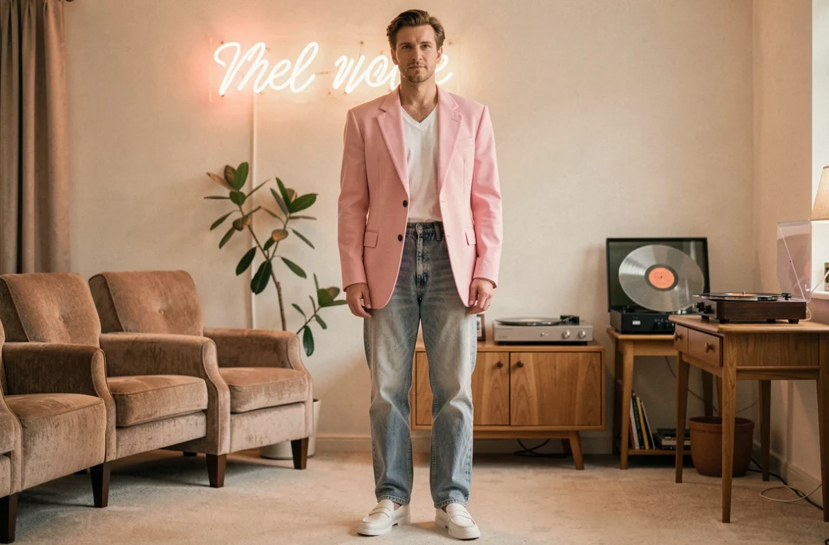 Homme en tenue années 80 avec blazer pastel et jean stone-washed dans un appartement rétro