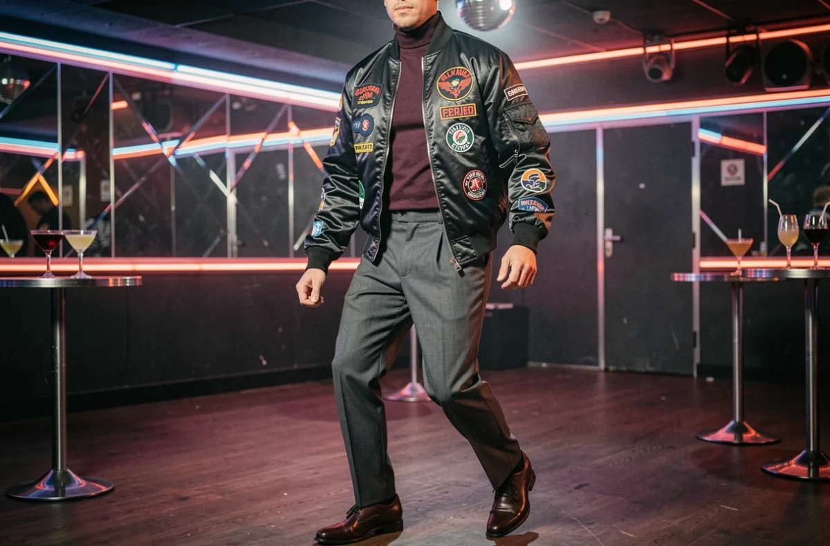 Homme en total look rétro années 80 avec bomber jacket et pantalon plissé sur une piste de danse