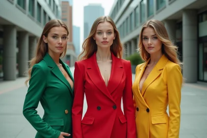 Trois jeunes femmes en costumes de Totally Spies dans une place urbaine