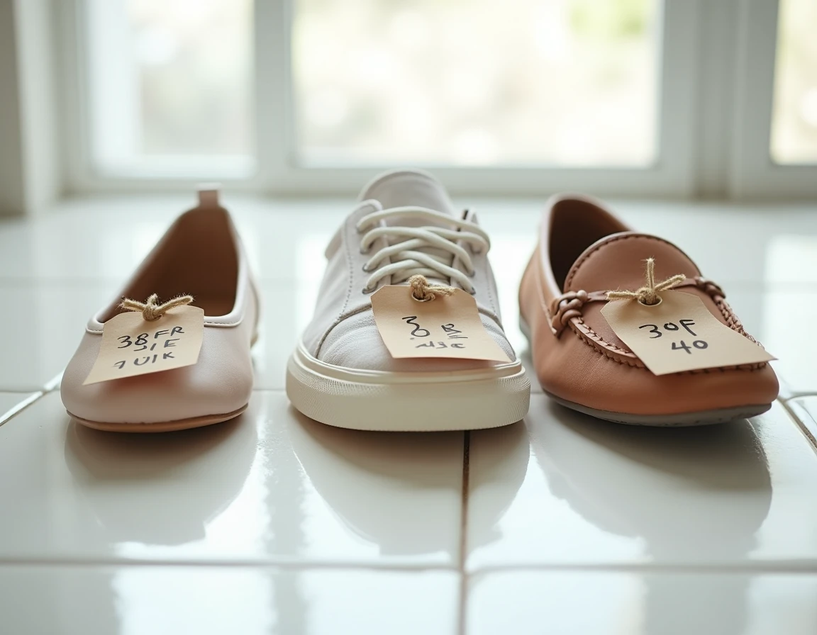 Trois paires de chaussures avec étiquettes indiquant les équivalences de pointures 38, 39 et 40 en tailles françaises et UK