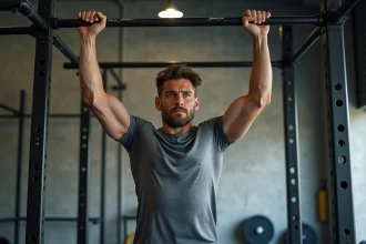 Homme en t-shirt crossfit sans coutures effectuant des tractions sur une barre de traction dans une salle de CrossFit