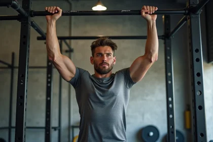 Homme en t-shirt crossfit sans coutures effectuant des tractions sur une barre de traction dans une salle de CrossFit